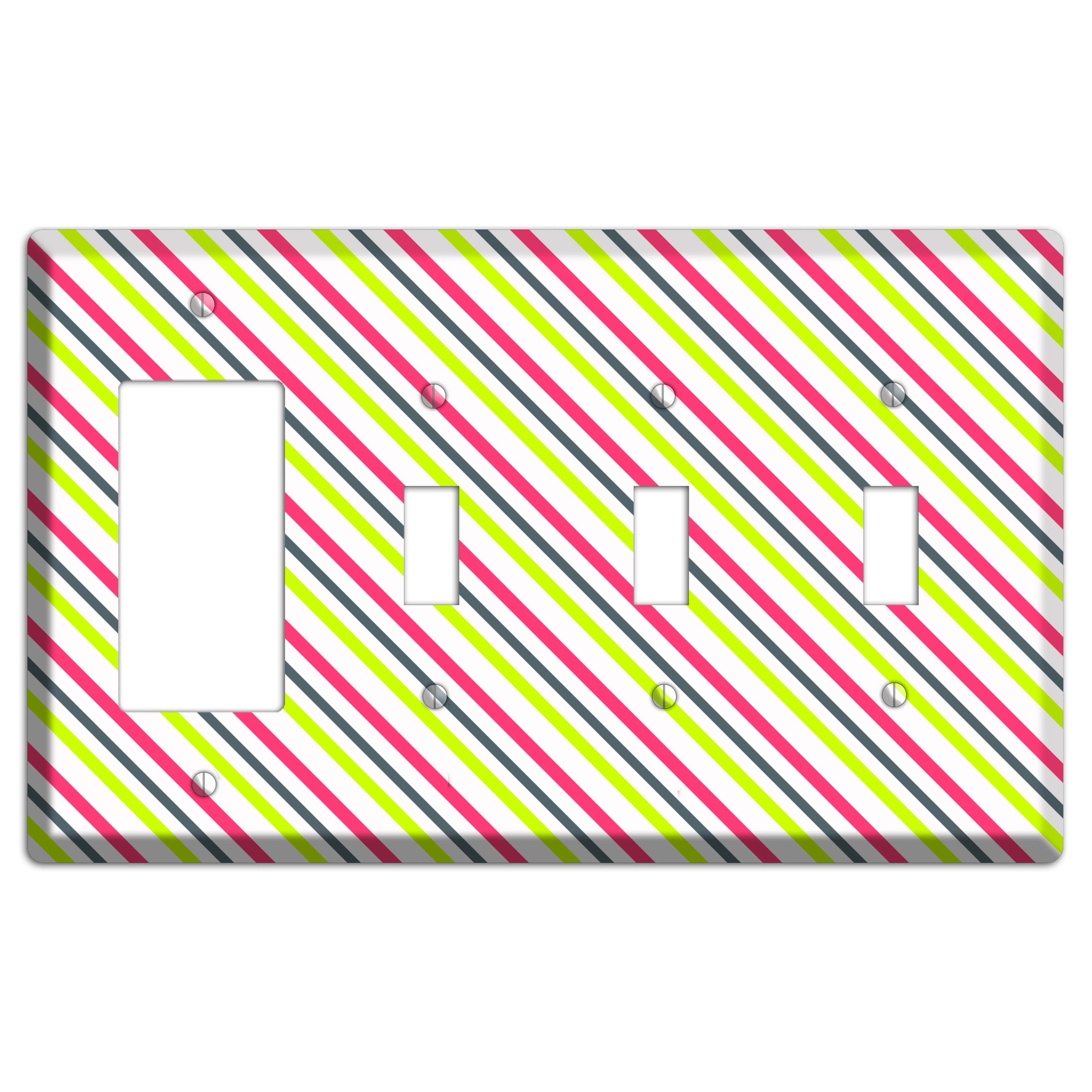 Fuschia and Lime Angled Stripe Rocker / 3 Toggle Wallplate