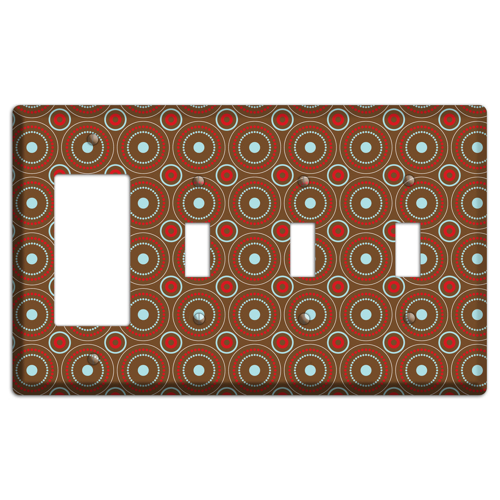 Brown with Red and Dusty Blue Retro Suzani Rocker / 3 Toggle Wallplate