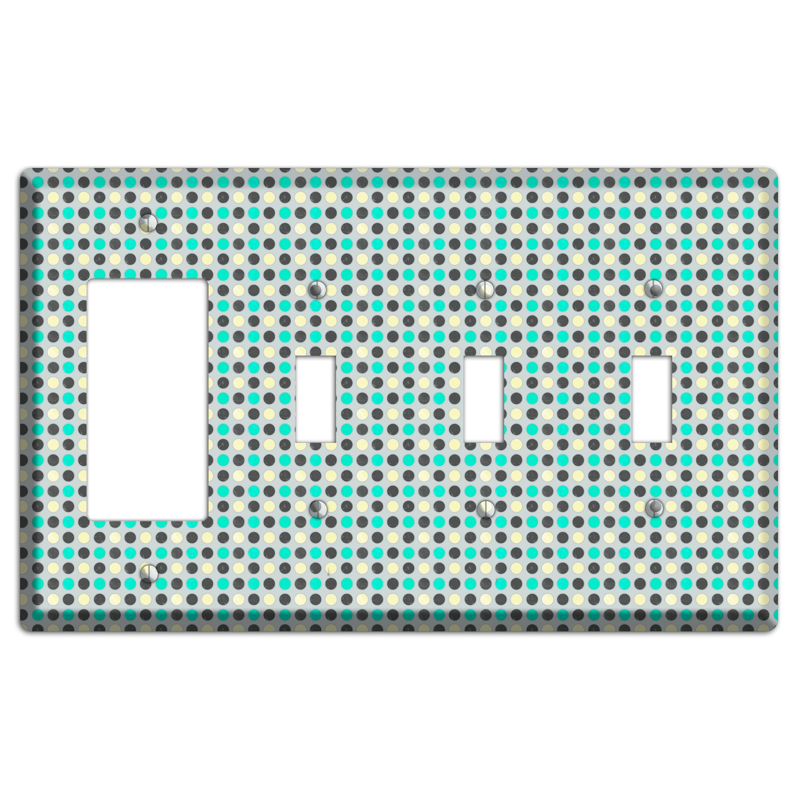 Grey with Black Off White and Turquoise Dots Rocker / 3 Toggle Wallplate