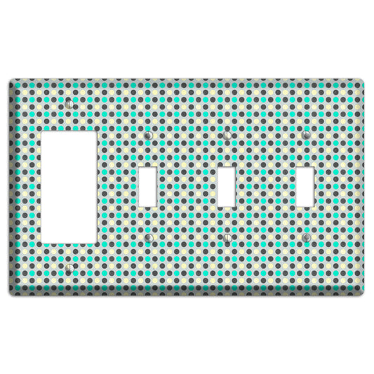 Grey with Black Off White and Turquoise Dots Rocker / 3 Toggle Wallplate