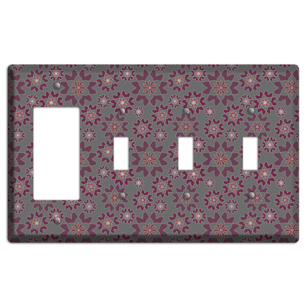 Grey with Burgundy Retro Suzani Rocker / 3 Toggle Wallplate