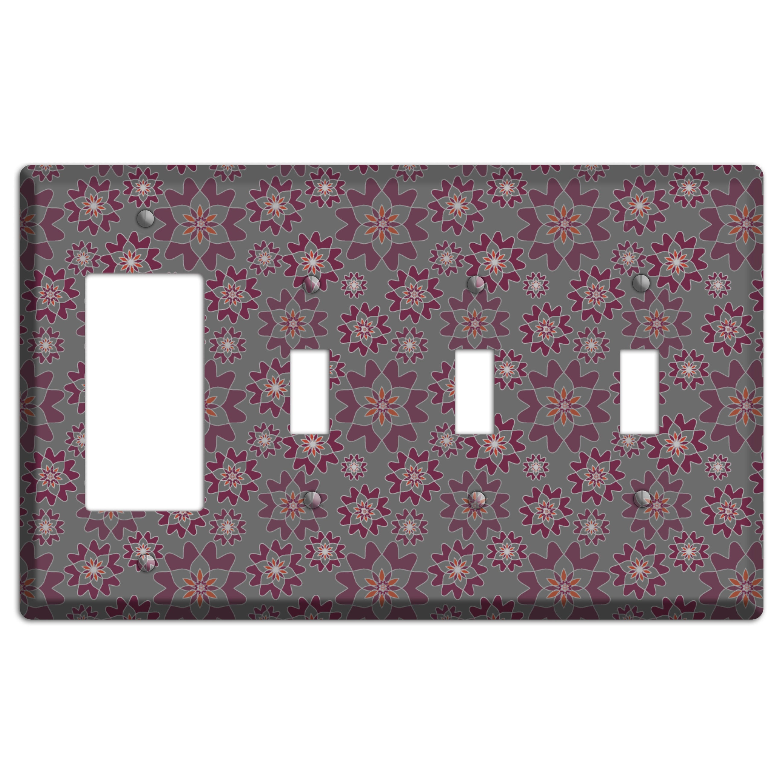 Grey with Burgundy Retro Suzani Rocker / 3 Toggle Wallplate