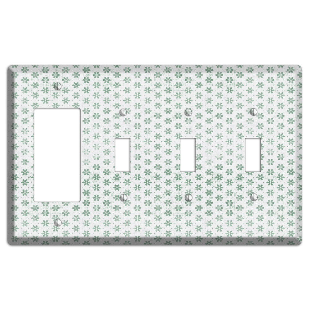 White with Green Grunge Floral Contour Rocker / 3 Toggle Wallplate