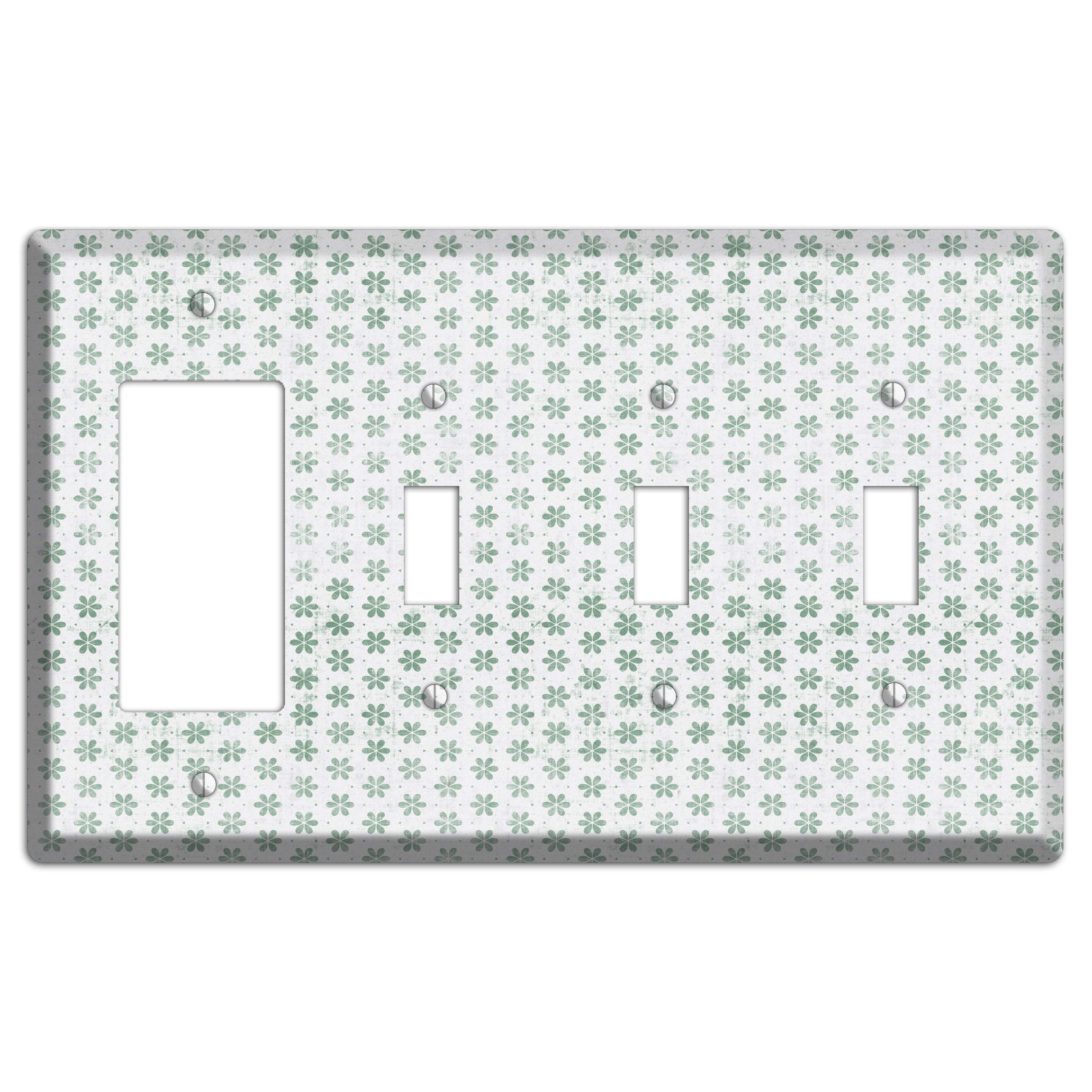 White with Green Grunge Floral Contour Rocker / 3 Toggle Wallplate