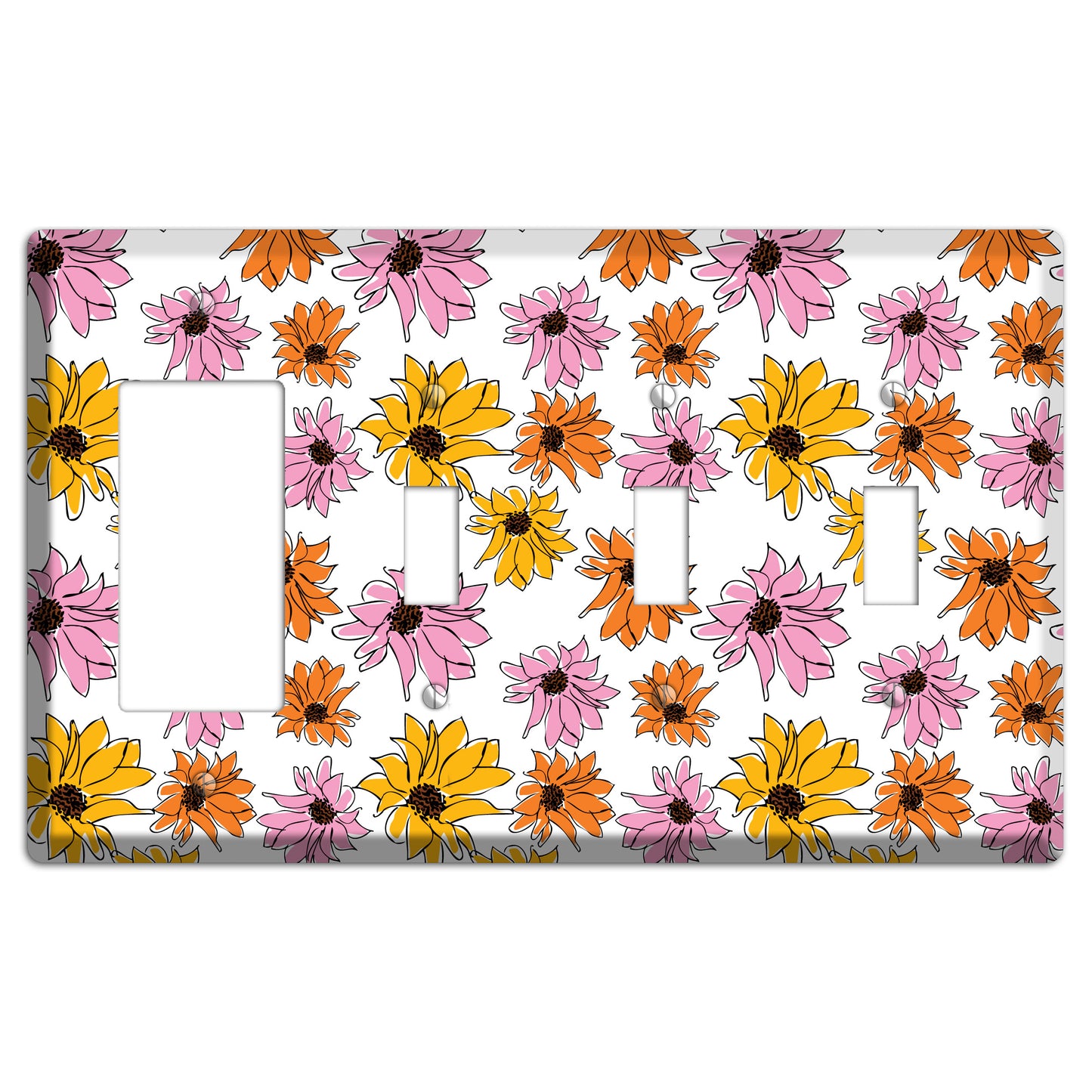 Pink Orange Yellow Flowers Rocker / 3 Toggle Wallplate