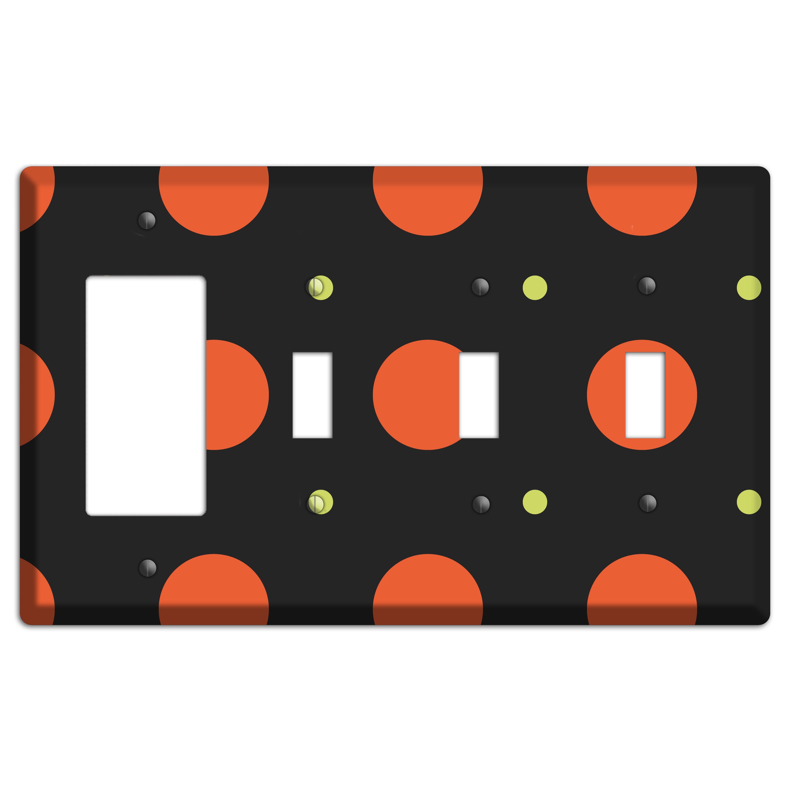 Black wih Orange and Lime Multi Tiled Medium Dots Rocker / 3 Toggle Wallplate
