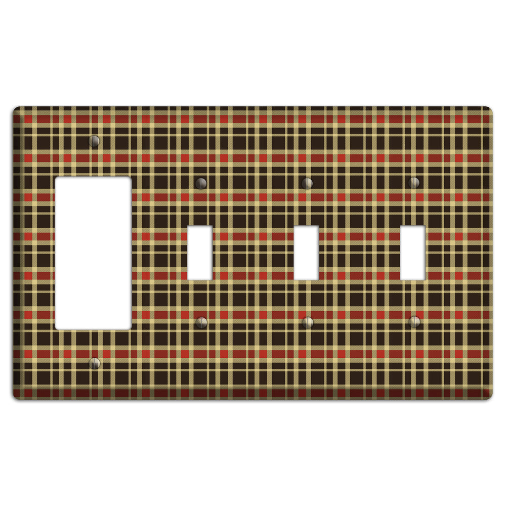 Maroon and Black Plaid Rocker / 3 Toggle Wallplate