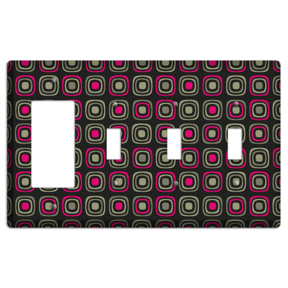 Multi Brown Fuschia Olive Retro Squares Rocker / 3 Toggle Wallplate