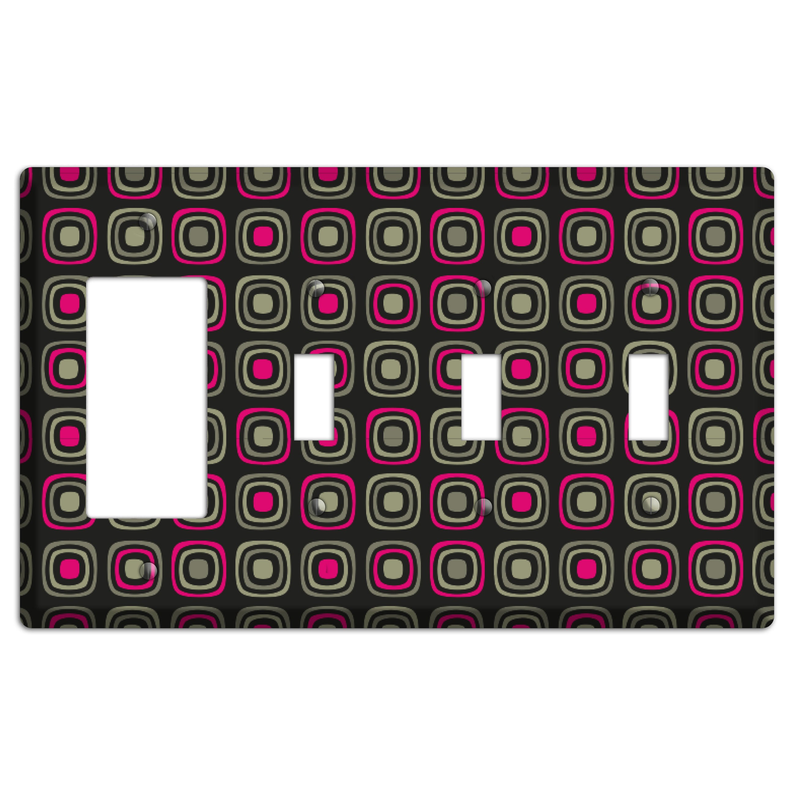 Multi Brown Fuschia Olive Retro Squares Rocker / 3 Toggle Wallplate