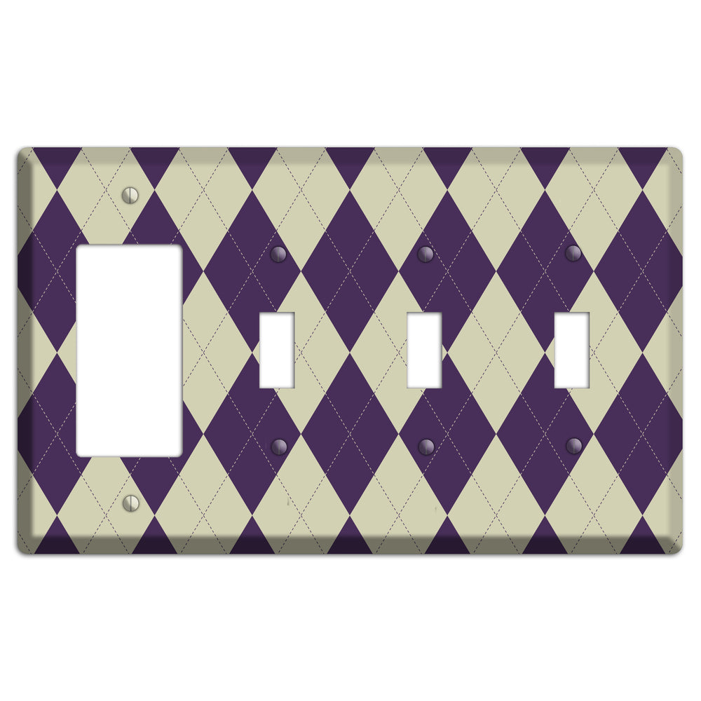 Purple and Tan Argyle Rocker / 3 Toggle Wallplate