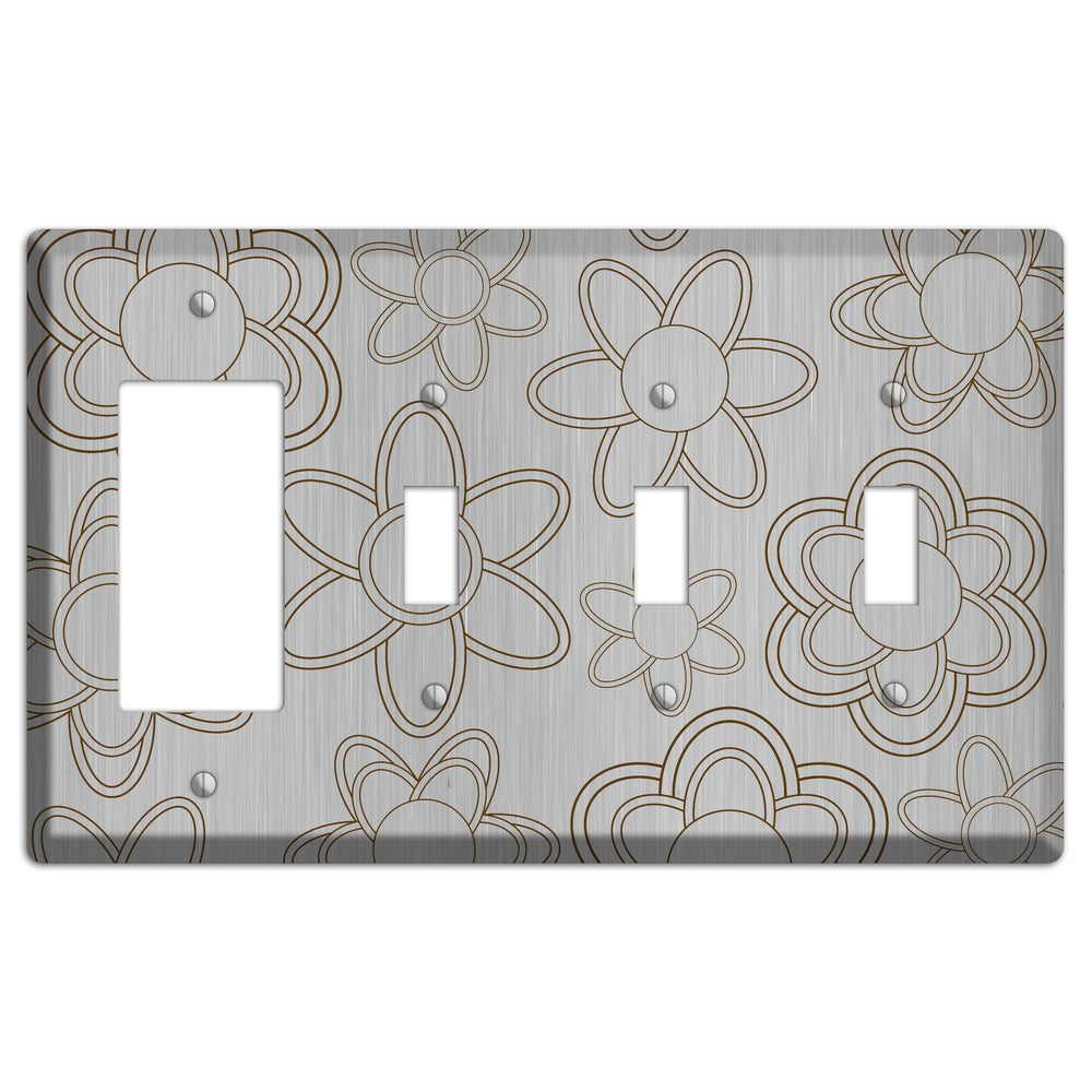 Retro Floral Contour Stainless Steel Rocker / 3 Toggle Wallplate