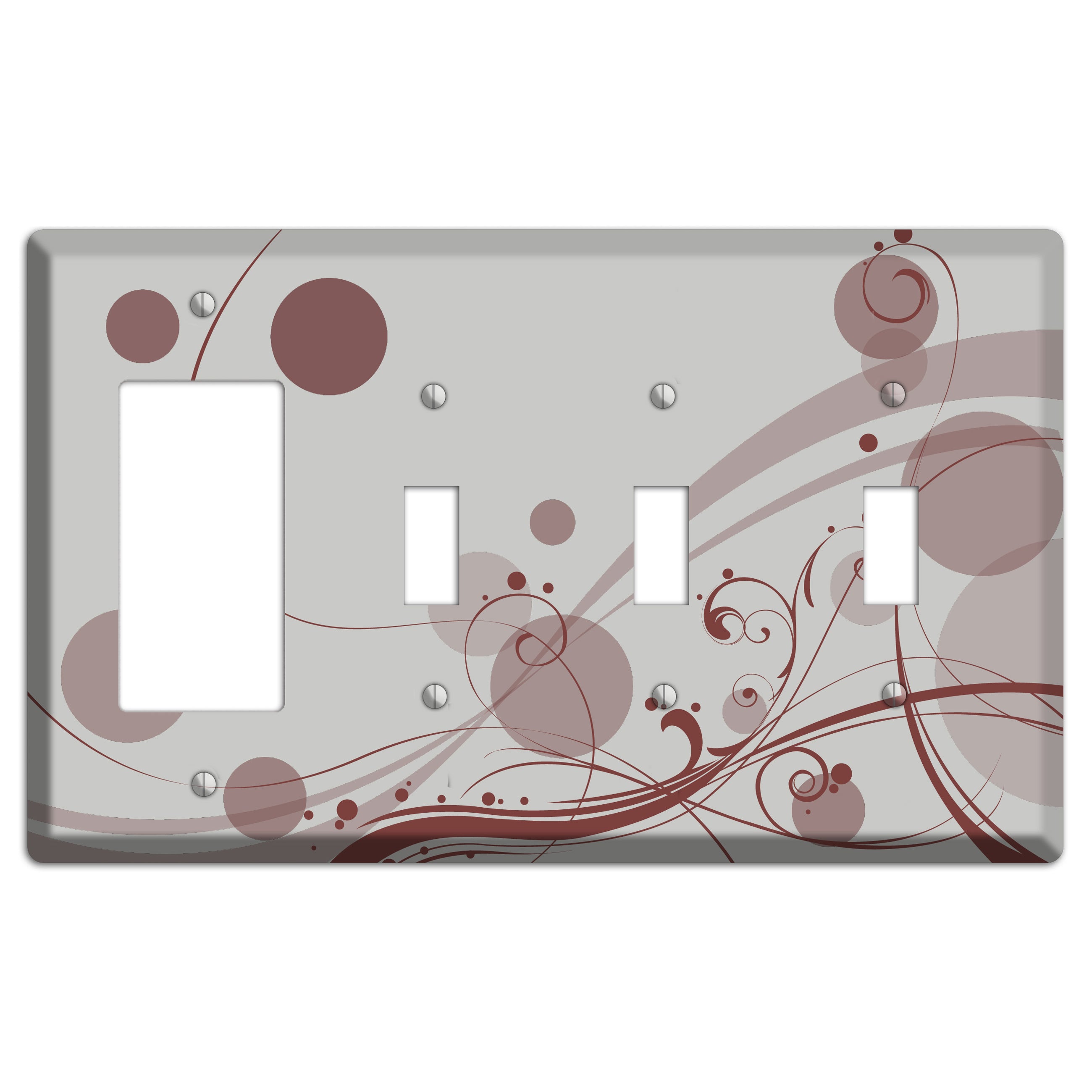 Grey with Maroon Dots and Swirls Rocker / 3 Toggle Wallplate