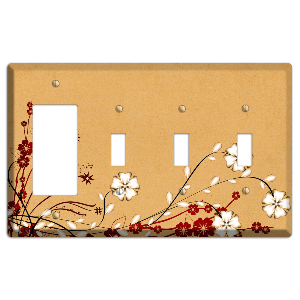 Delicate Red Flowers Rocker / 3 Toggle Wallplate