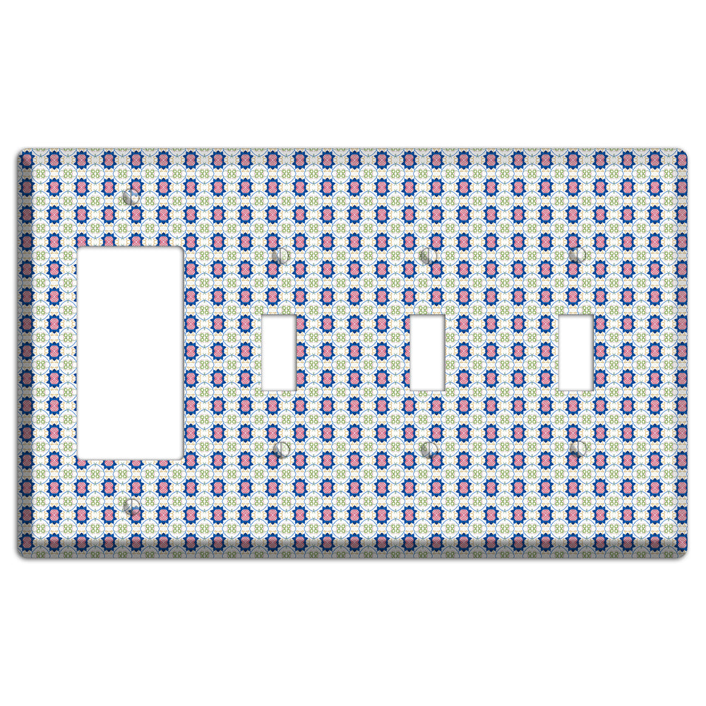 White with Blue Pink Green Arabesque Rocker / 3 Toggle Wallplate