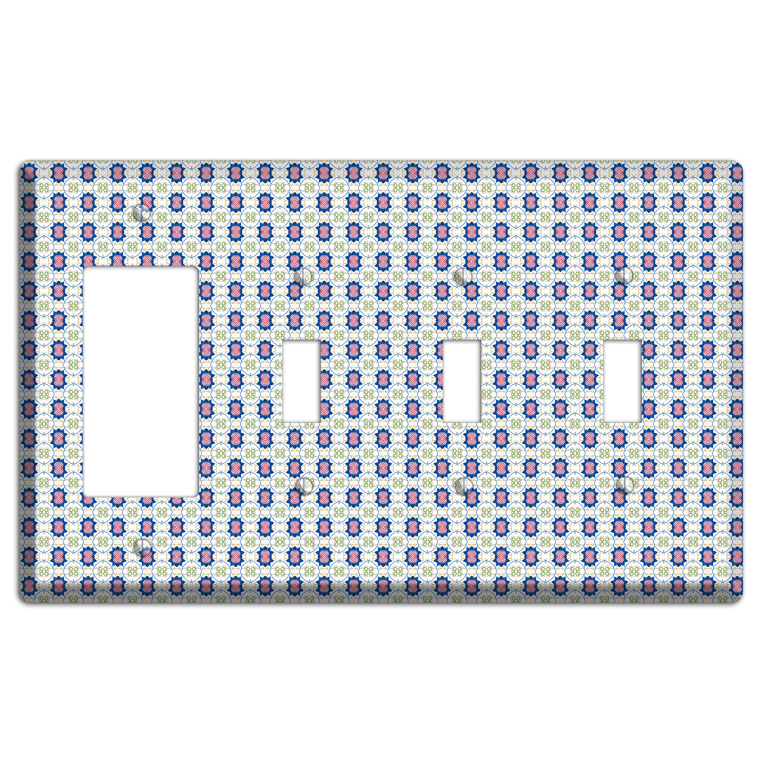 White with Blue Pink Green Arabesque Rocker / 3 Toggle Wallplate