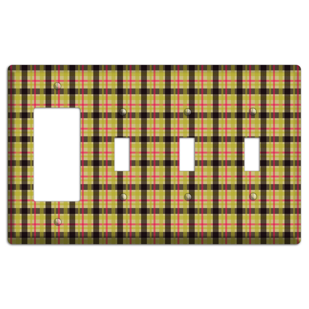 Yellow Black Red Plaid Rocker / 3 Toggle Wallplate