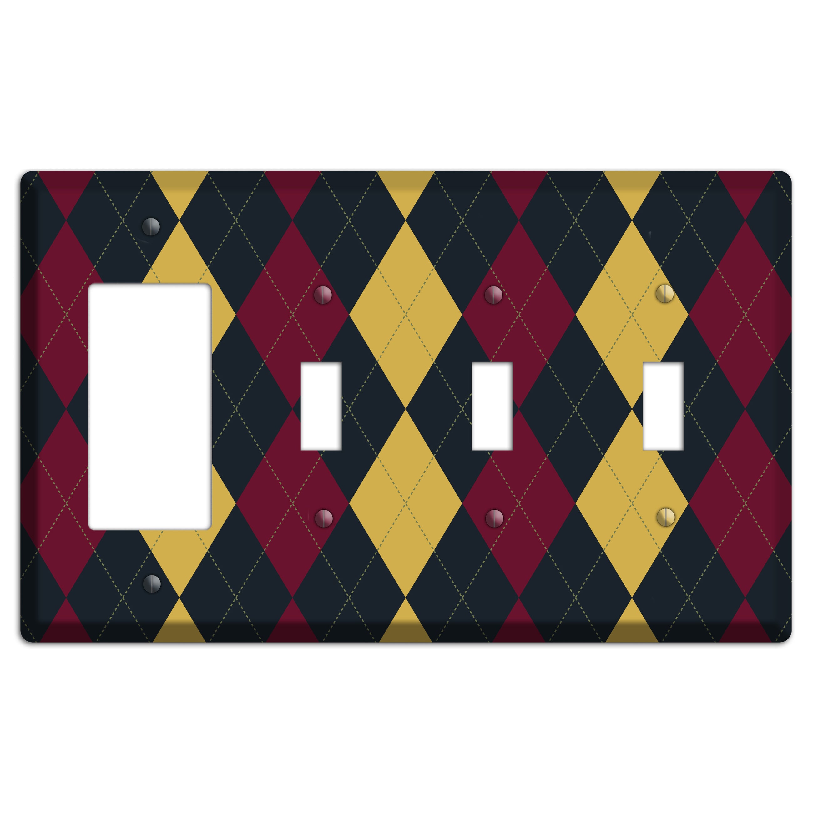 Deep Red and Yellow Argyle Rocker / 3 Toggle Wallplate