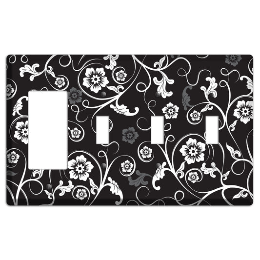 Black with White Flower Sprig Rocker / 3 Toggle Wallplate