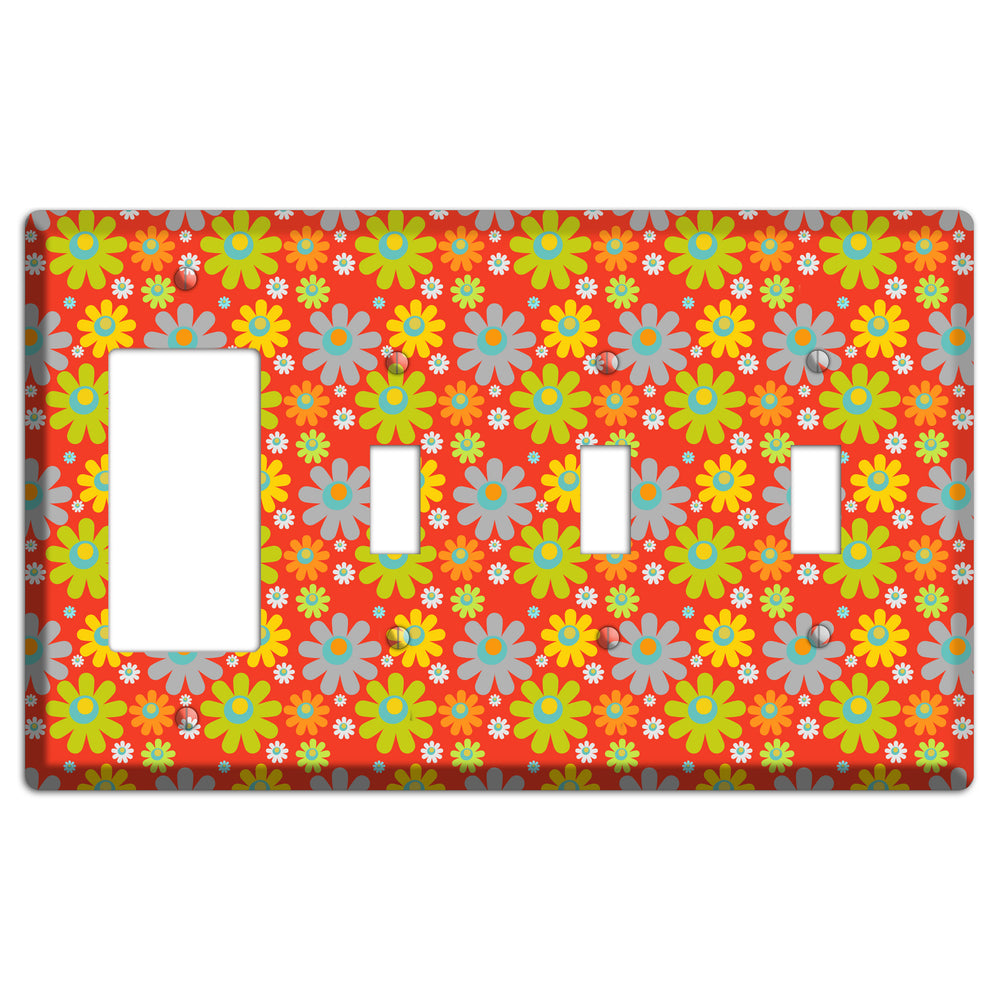 Orange and Yellow Flower Power Rocker / 3 Toggle Wallplate