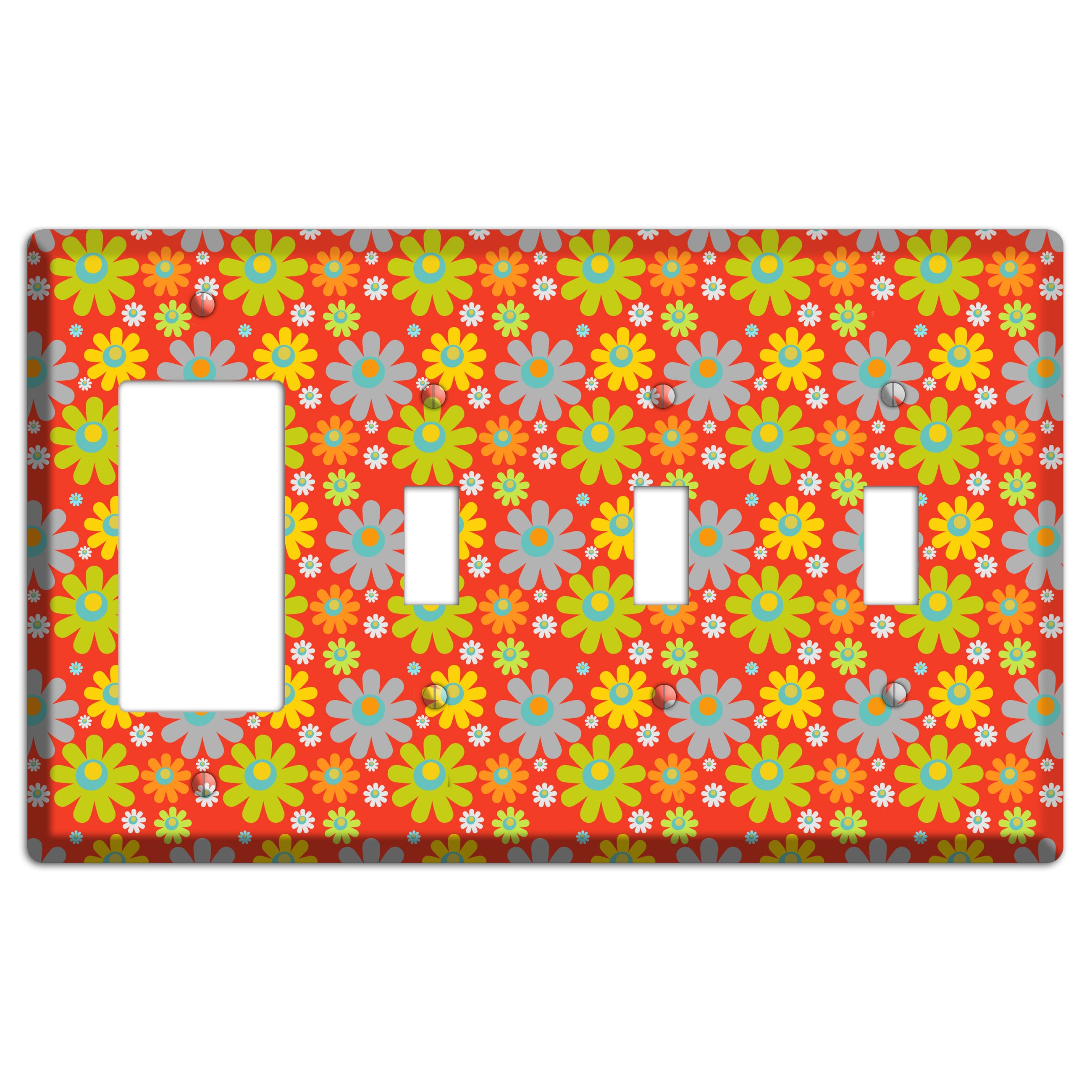 Orange and Yellow Flower Power Rocker / 3 Toggle Wallplate