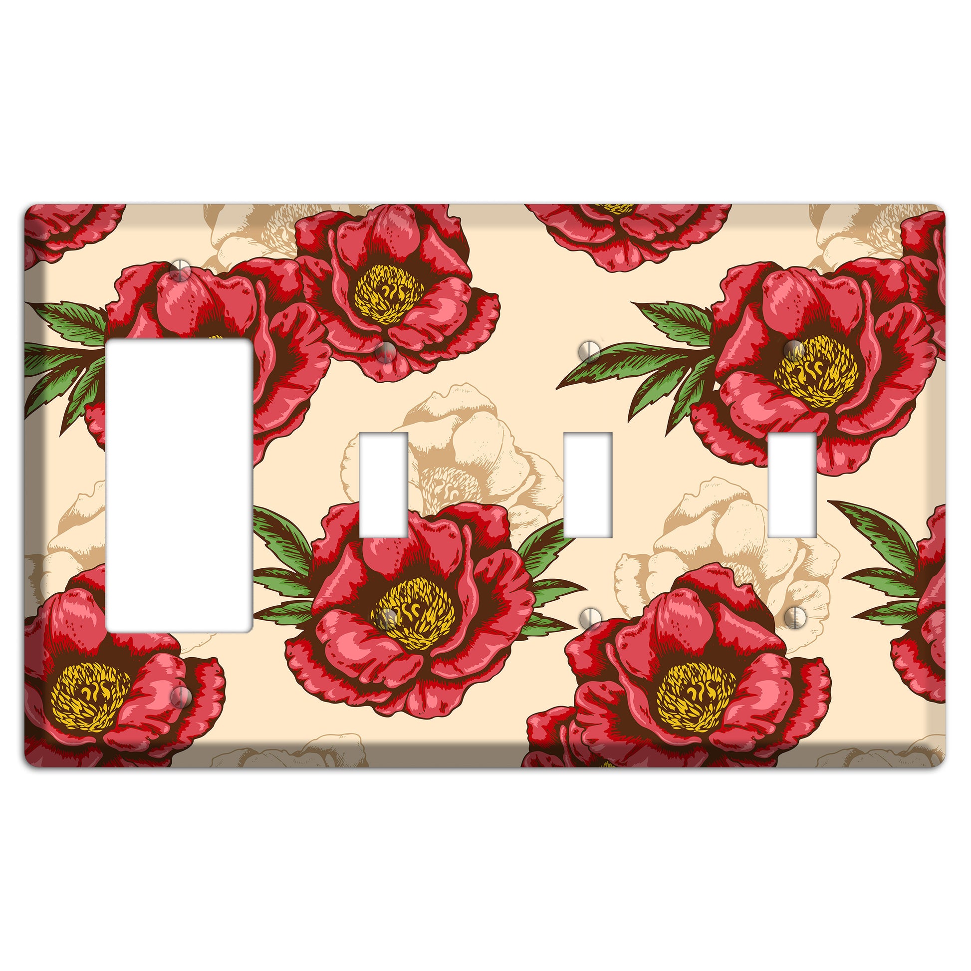 Red Peony Style A Rocker / 3 Toggle Wallplate
