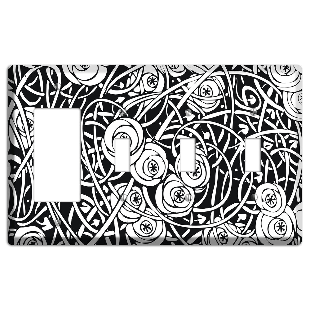 Black and White Deco Floral Rocker / 3 Toggle Wallplate