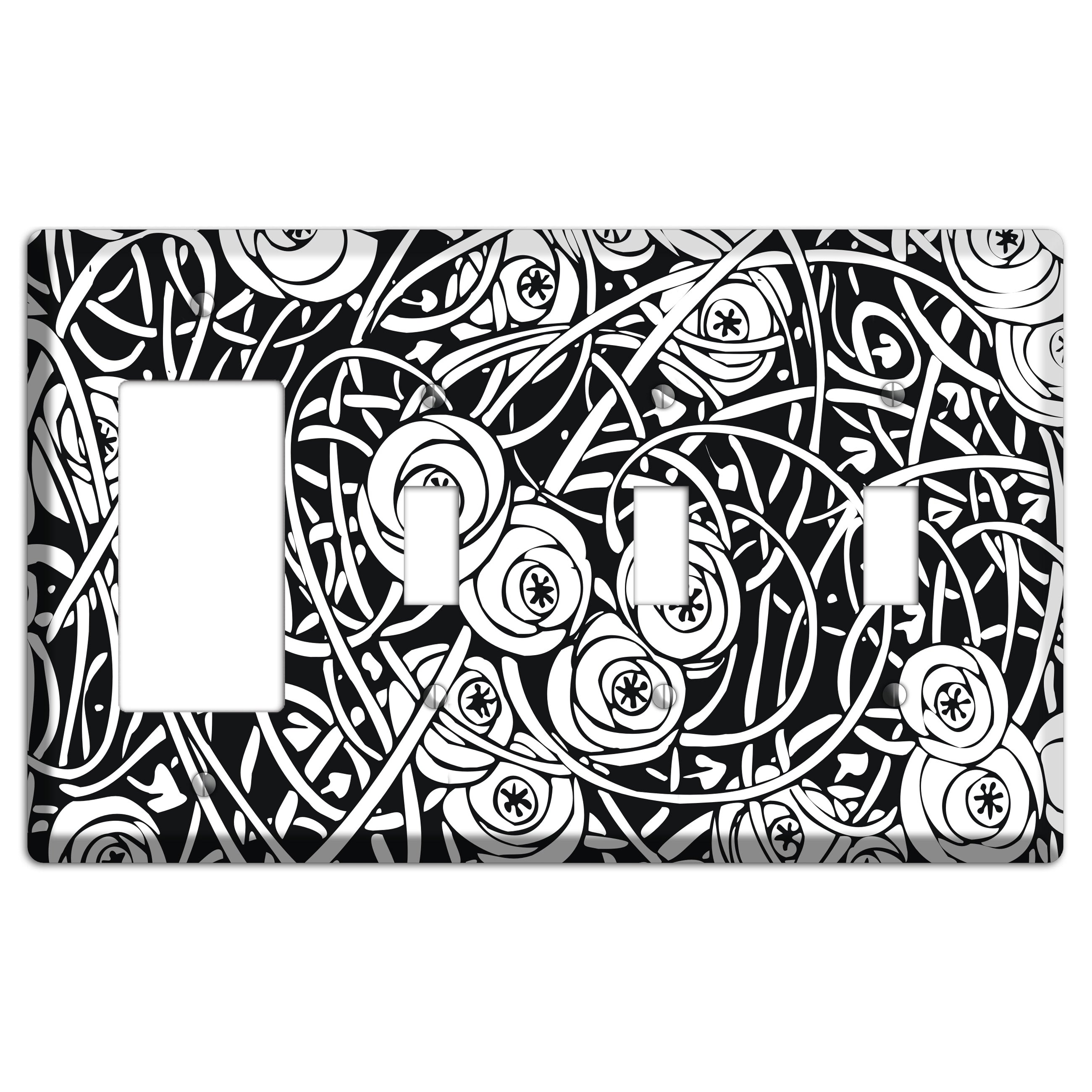 Black and White Deco Floral Rocker / 3 Toggle Wallplate