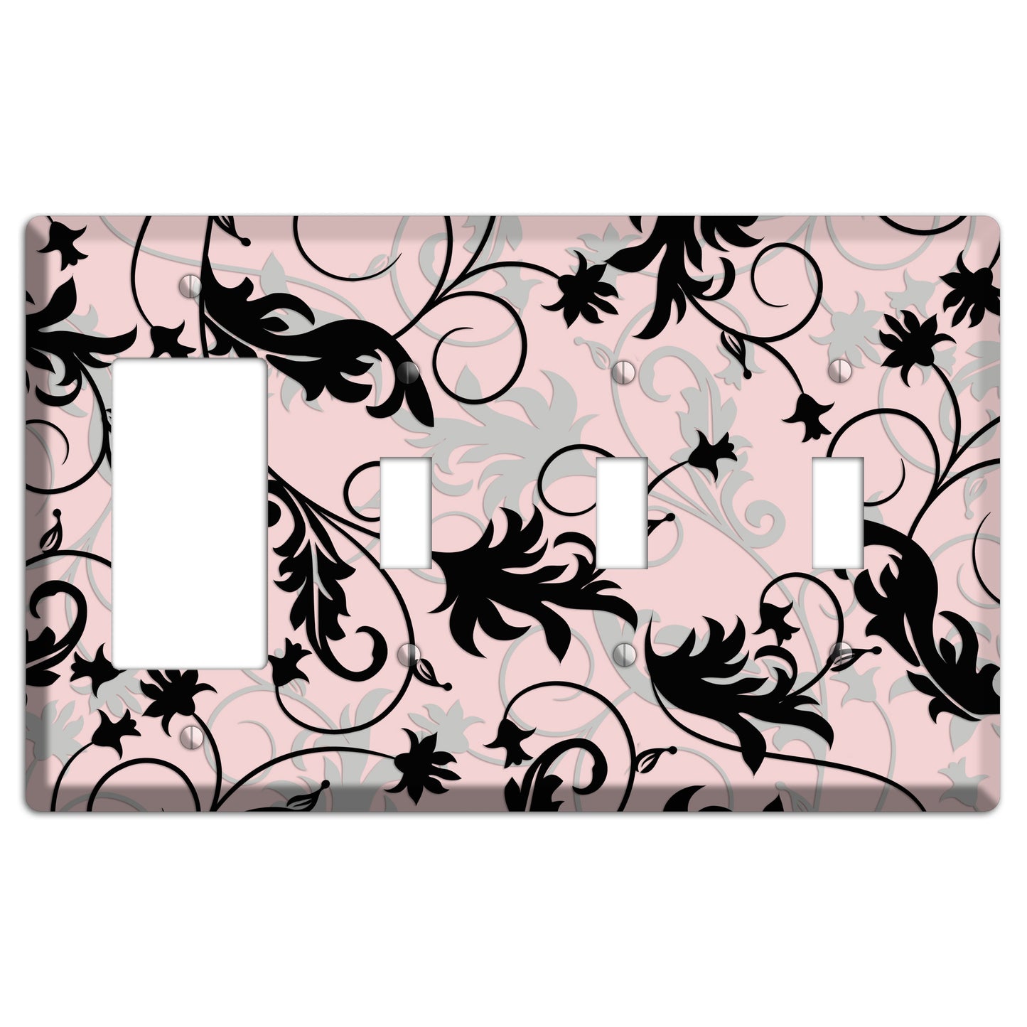 Dusty Pink Grey Black Victorian Sprig Rocker / 3 Toggle Wallplate