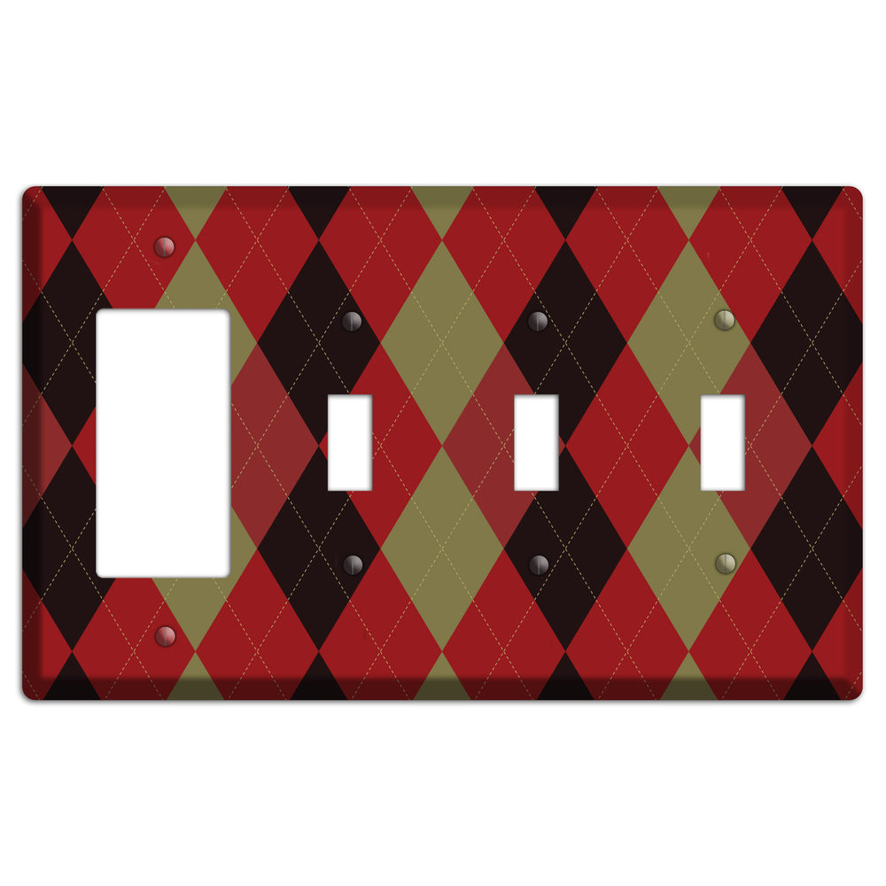 Red Olive Black Argyle Rocker / 3 Toggle Wallplate