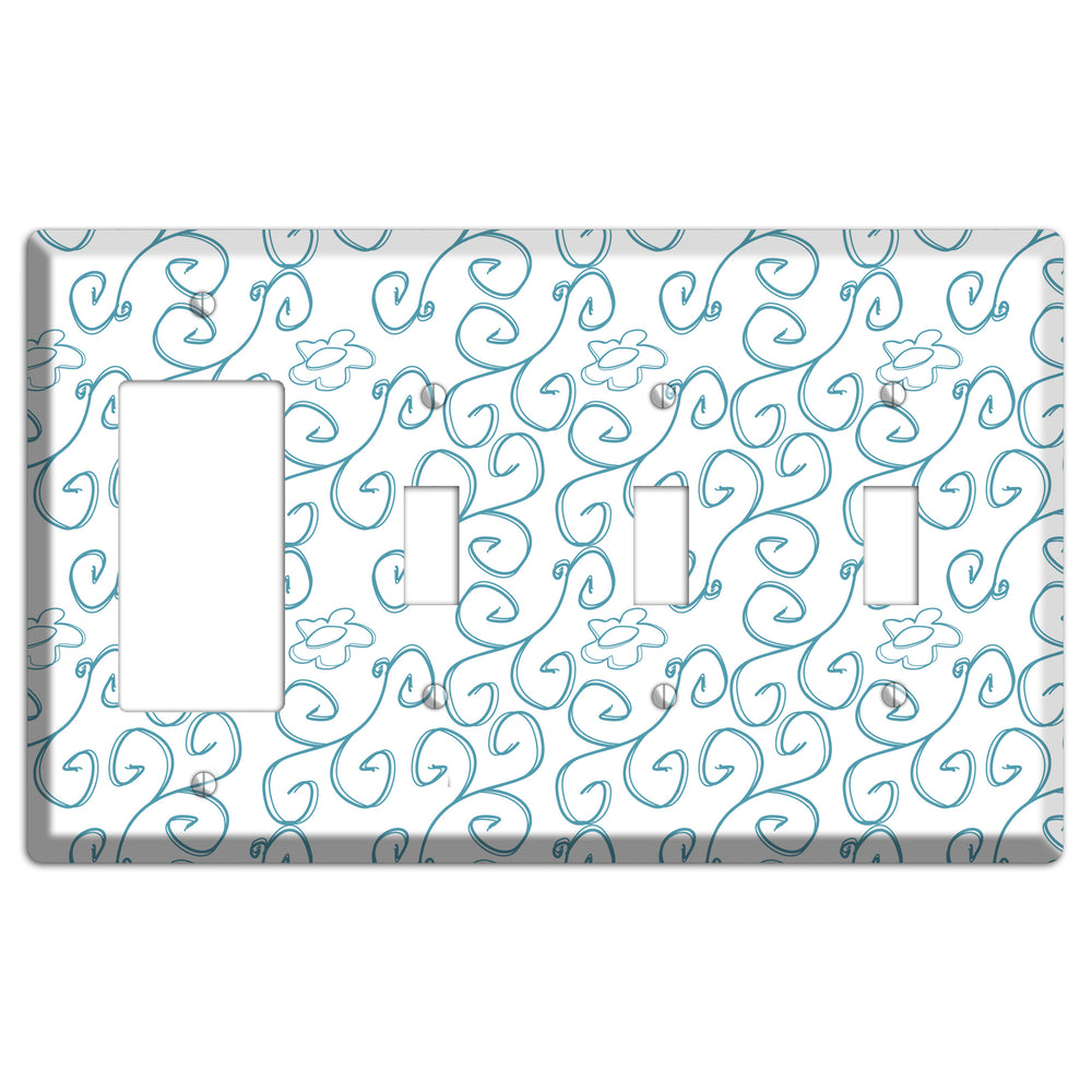 Blue Scroll Flower Contour Rocker / 3 Toggle Wallplate