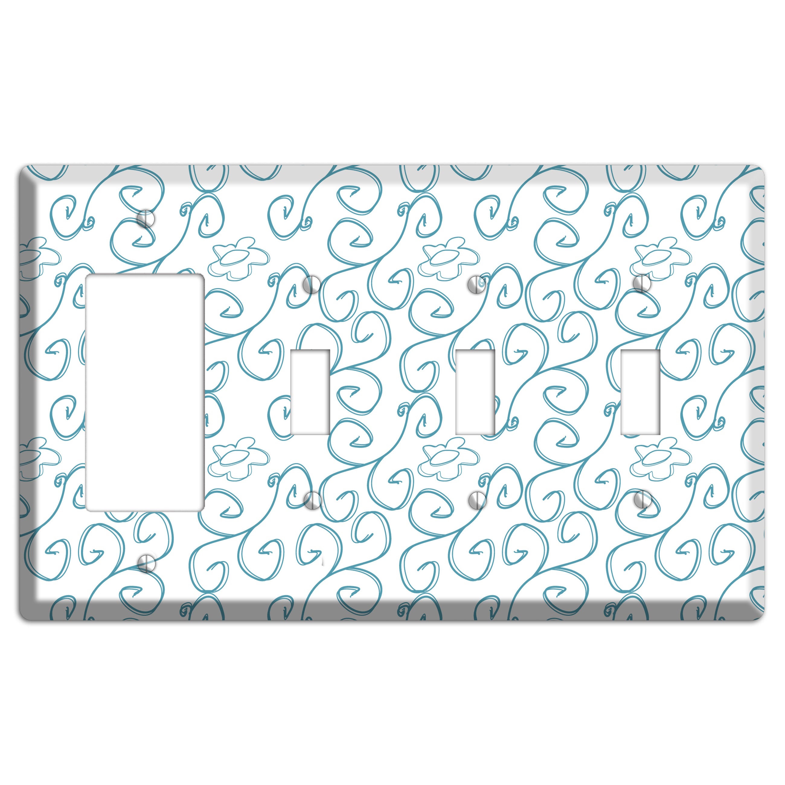 Blue Scroll Flower Contour Rocker / 3 Toggle Wallplate
