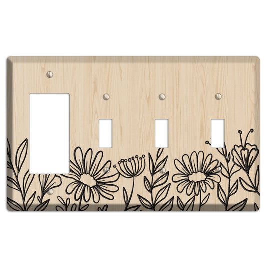 Hand-Drawn Floral 10 Wood Lasered Rocker / 3 Toggle Wallplate