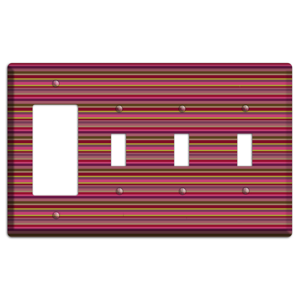 Fuschia Multi Horizontal Stripes Rocker / 3 Toggle Wallplate
