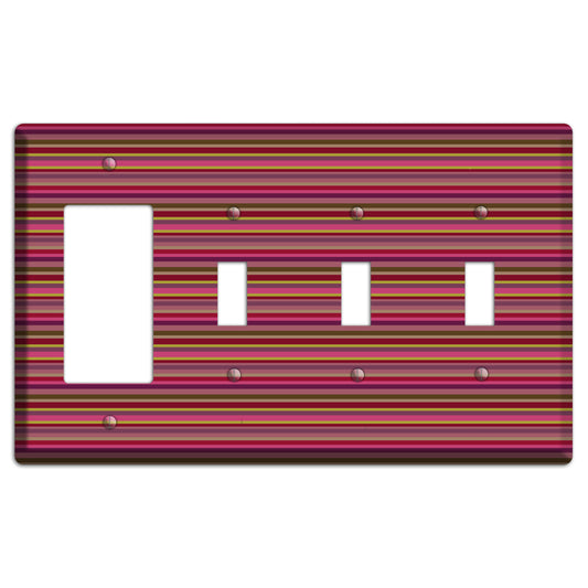 Fuschia Multi Horizontal Stripes Rocker / 3 Toggle Wallplate