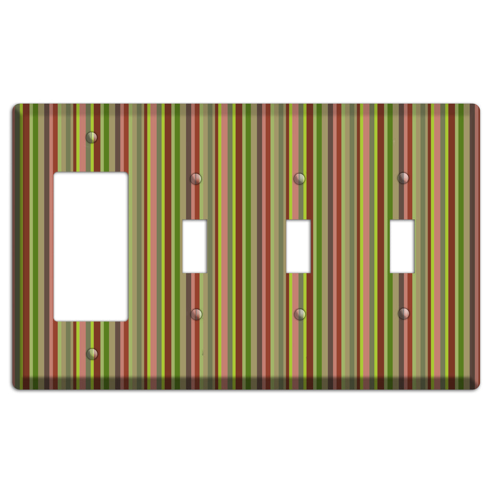Multi Olive Burgundy Vertical Stripes Rocker / 3 Toggle Wallplate
