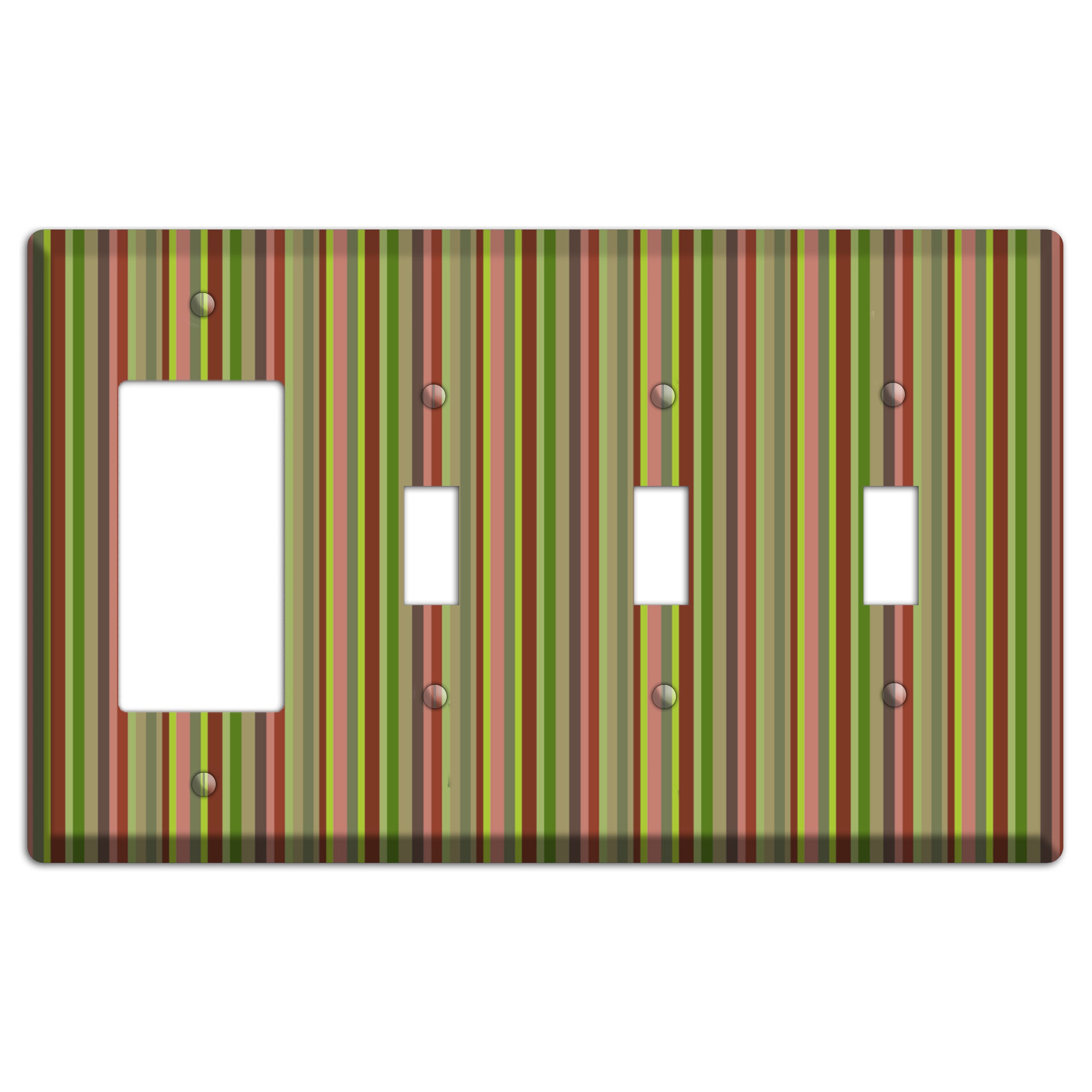 Multi Olive Burgundy Vertical Stripes Rocker / 3 Toggle Wallplate