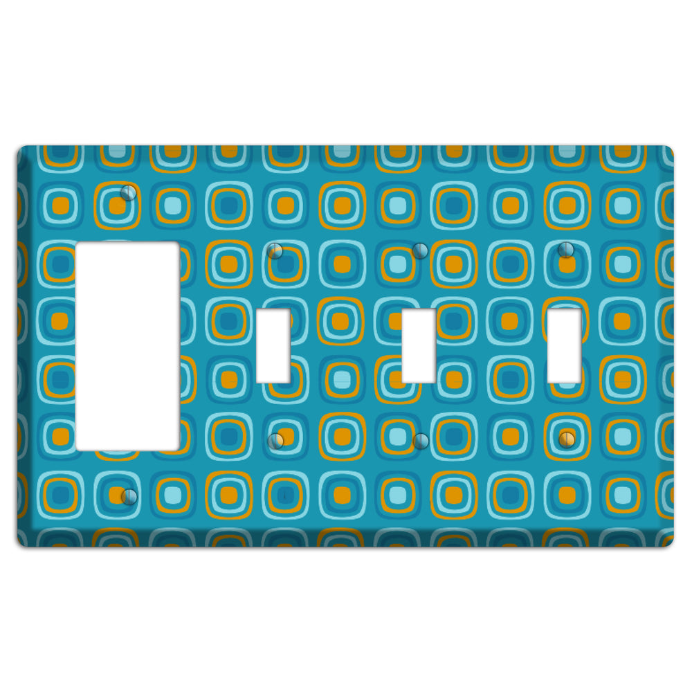 Teal and Mustard Rounded Squares Rocker / 3 Toggle Wallplate