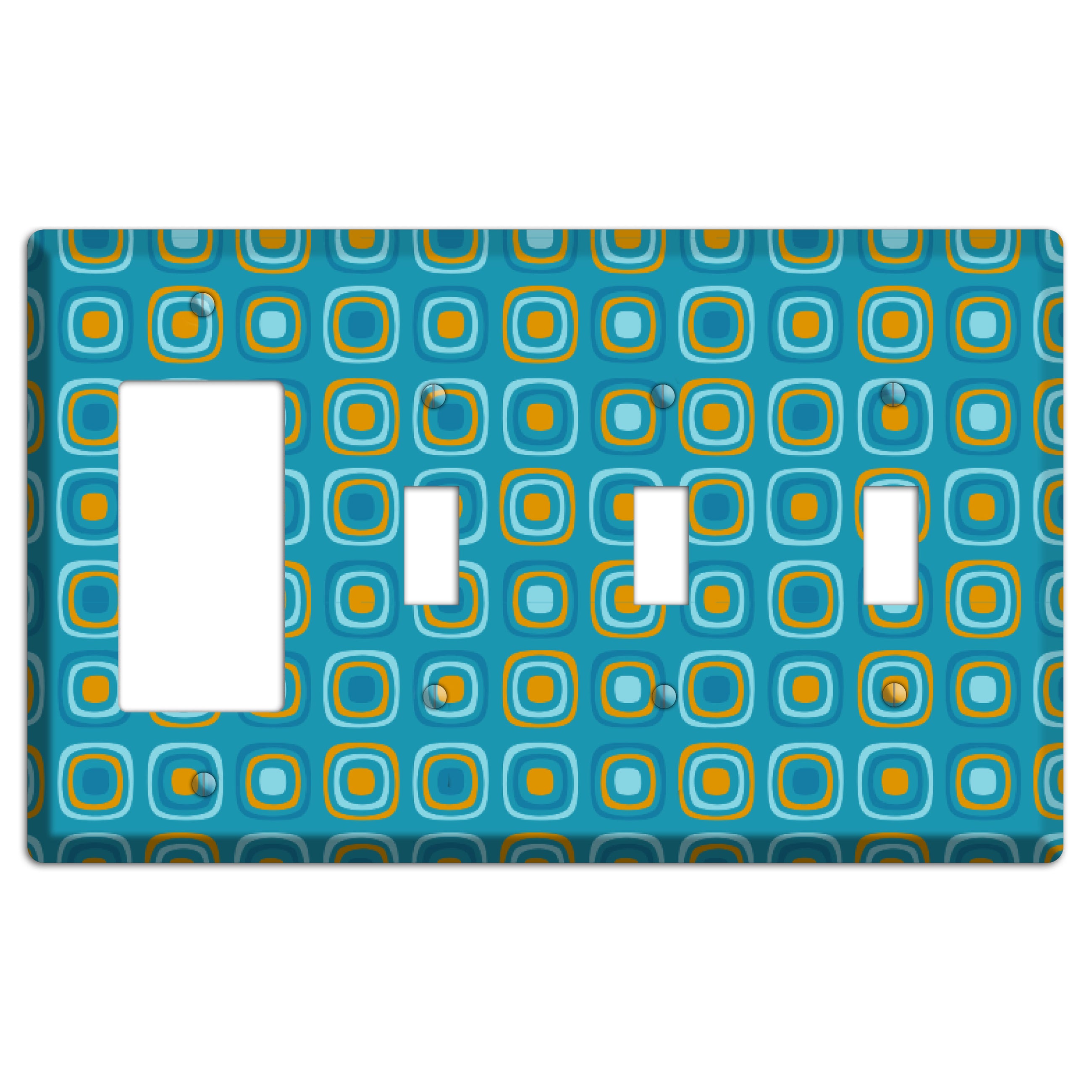 Teal and Mustard Rounded Squares Rocker / 3 Toggle Wallplate