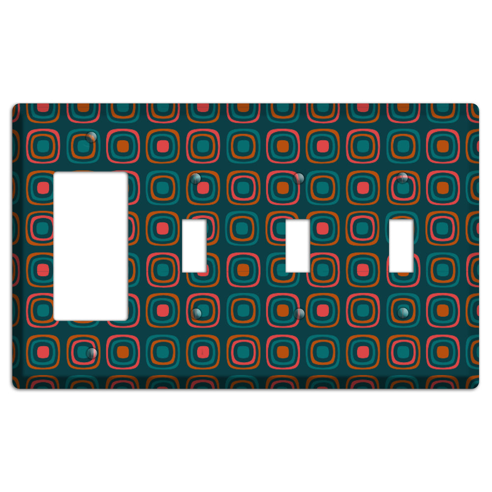 Teal and Pink Rounded Squares Rocker / 3 Toggle Wallplate