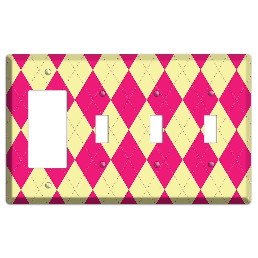 Pink and Yellow Argyle Rocker / 3 Toggle Wallplate