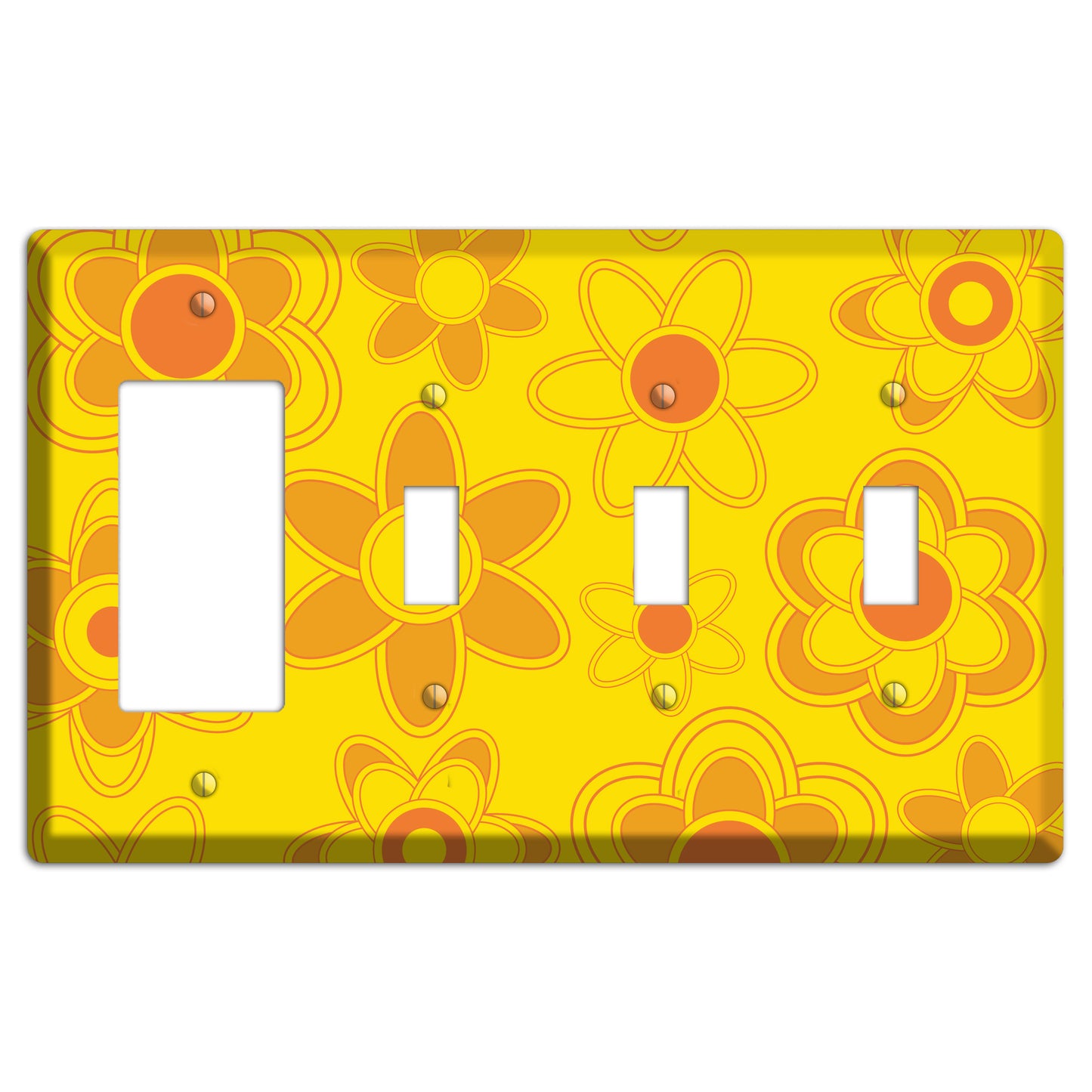 Yellow with Orange Retro Floral Contour Rocker / 3 Toggle Wallplate