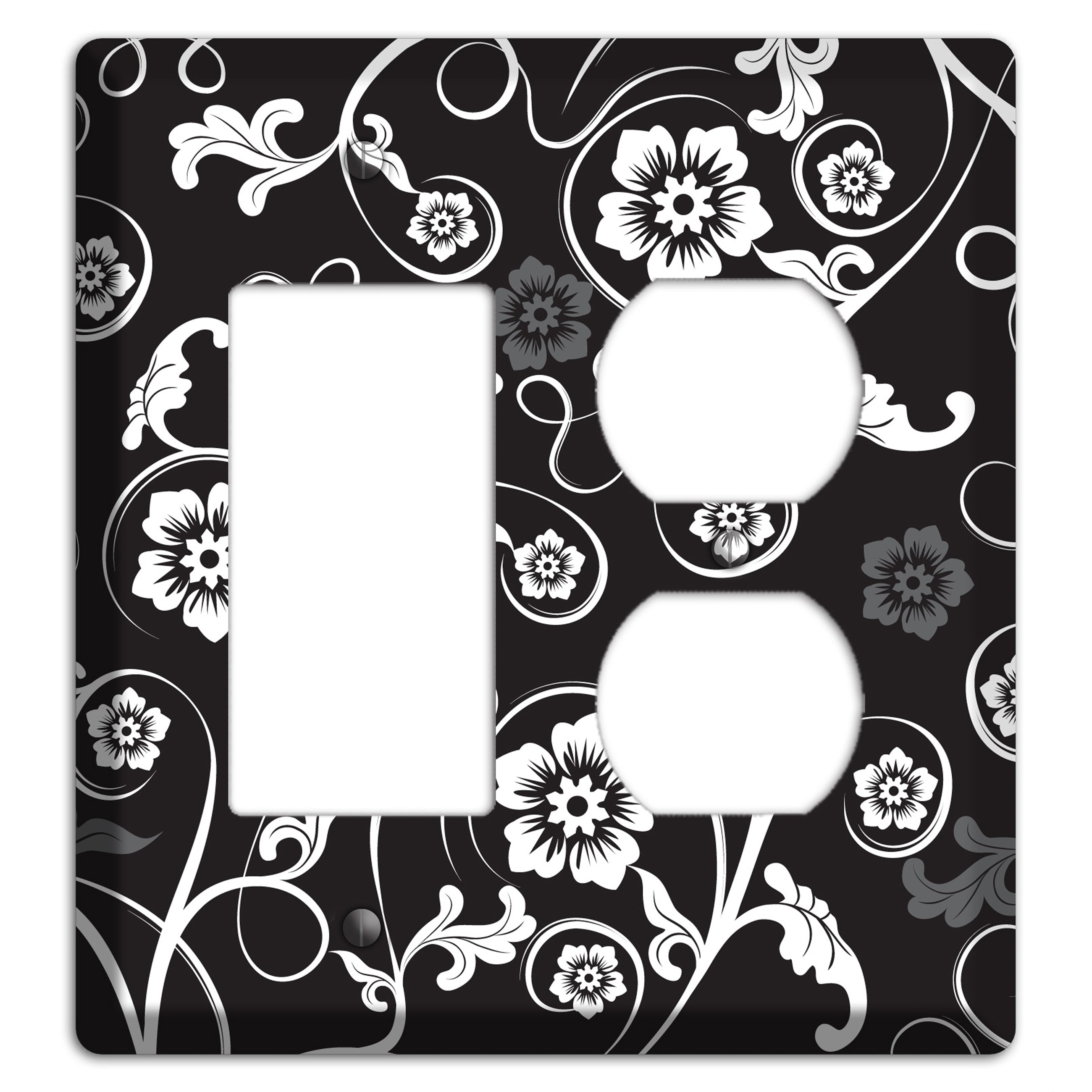 Black with White Flower Sprig Rocker / Duplex Wallplate
