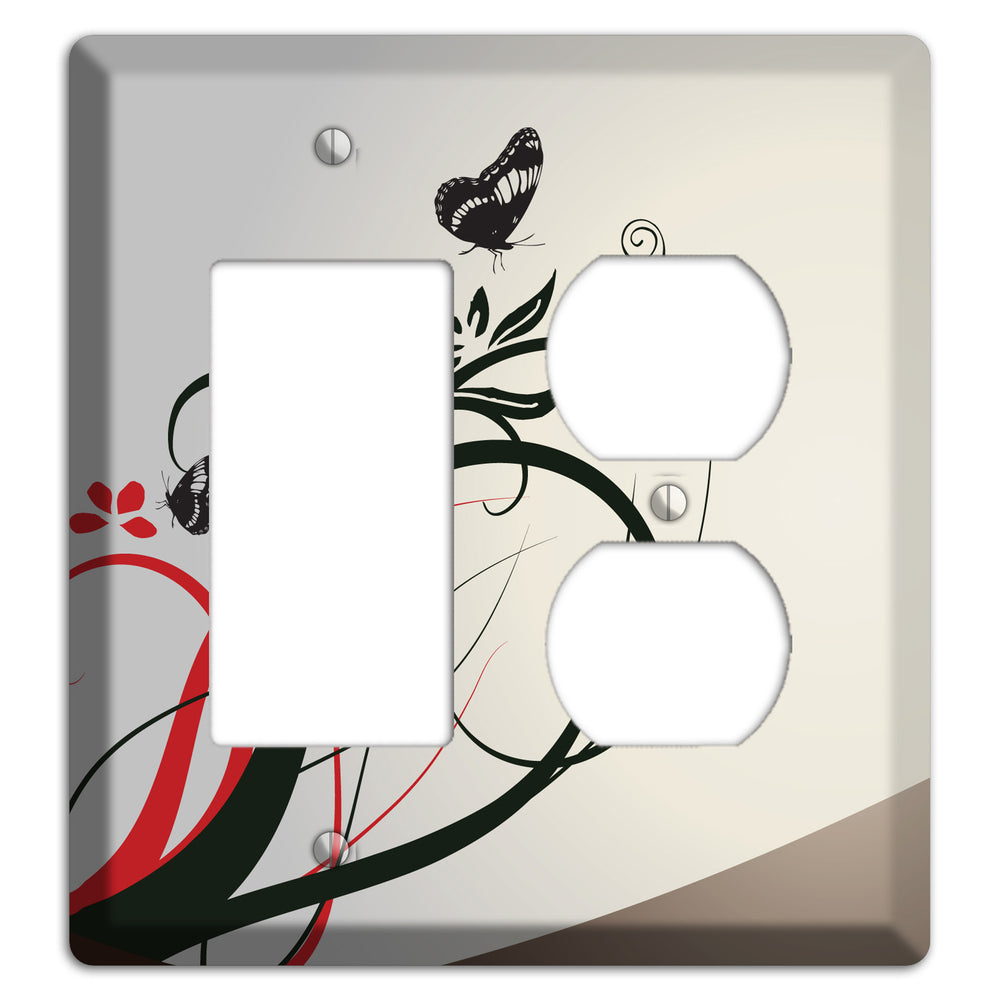 Grey and Red Floral Sprig with Butterfly Rocker / Duplex Wallplate