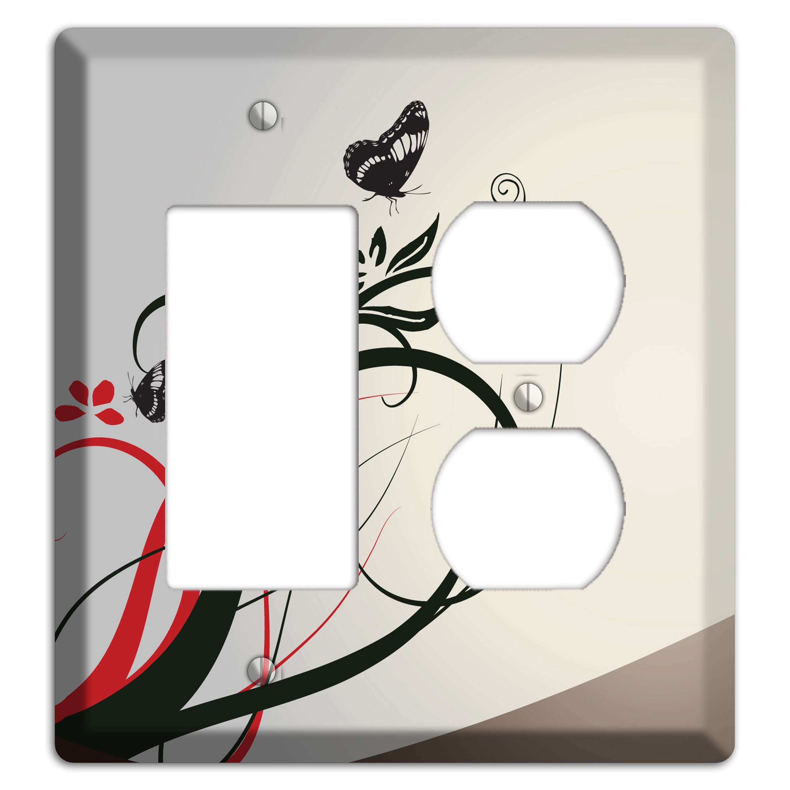 Grey and Red Floral Sprig with Butterfly Rocker / Duplex Wallplate