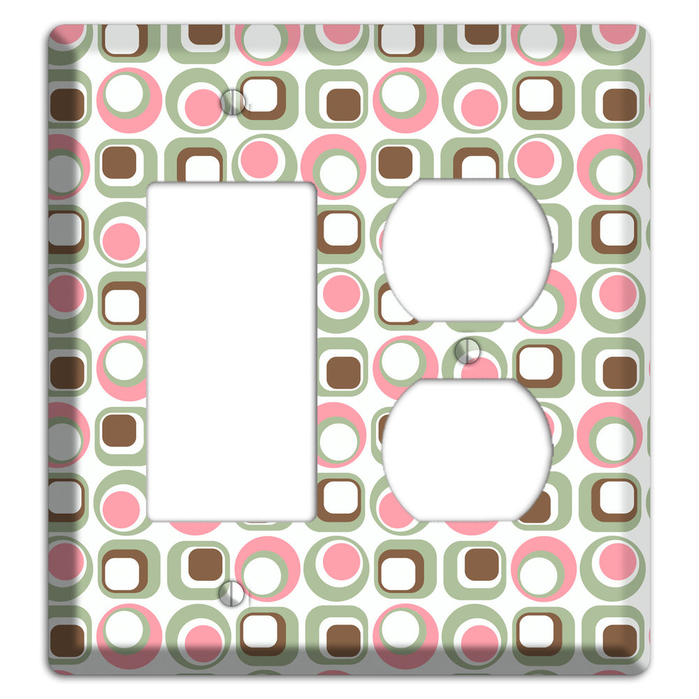 White with Pink Sage Brown Retro Squares and Circles Rocker / Duplex Wallplate
