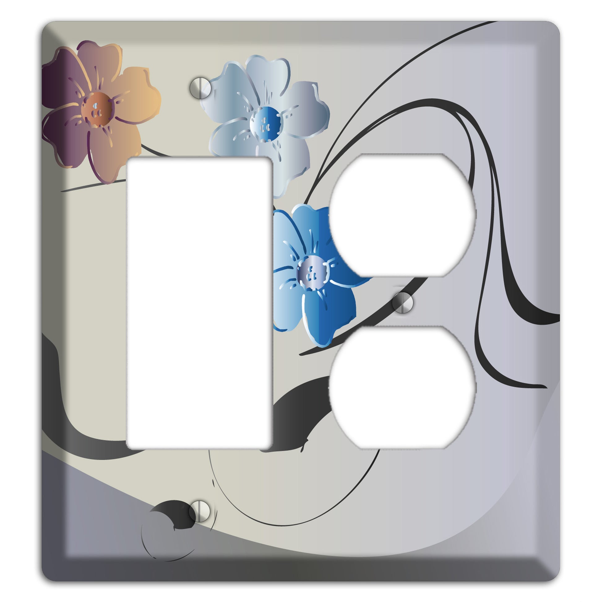 Grey and Blue Floral Sprig Rocker / Duplex Wallplate