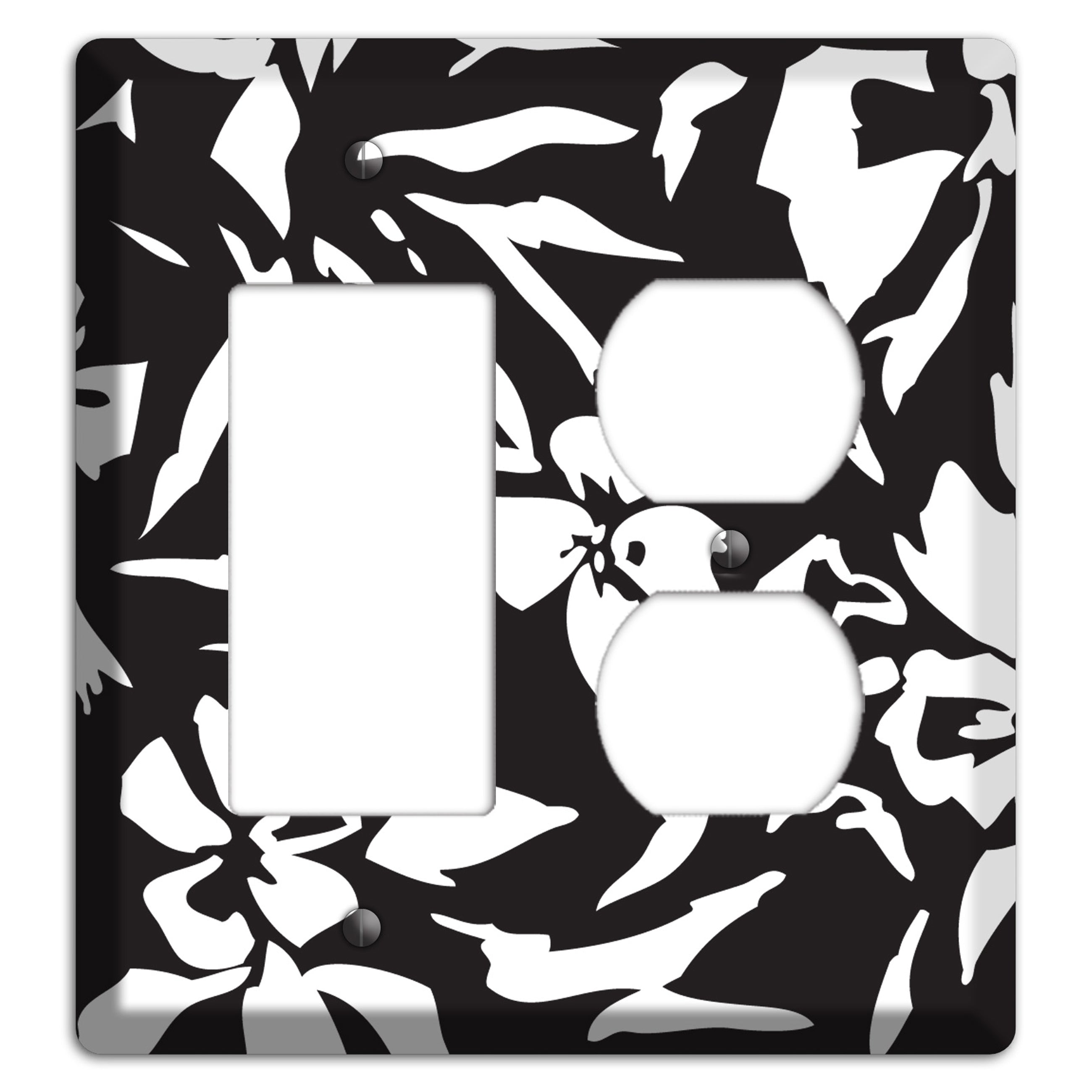Black with White Woodcut Floral Rocker / Duplex Wallplate