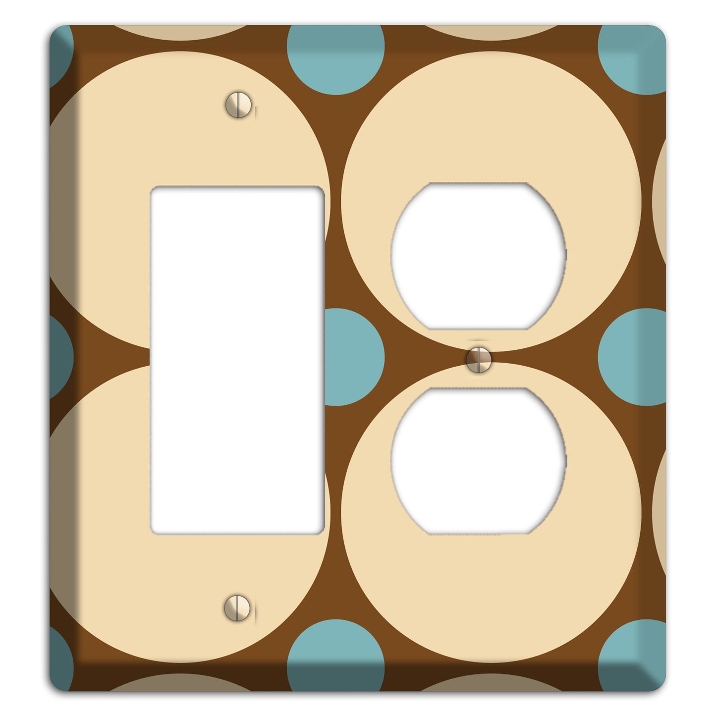 Brown with Beige and Dusty Blue Multi Tiled Large Dots Rocker / Duplex Wallplate