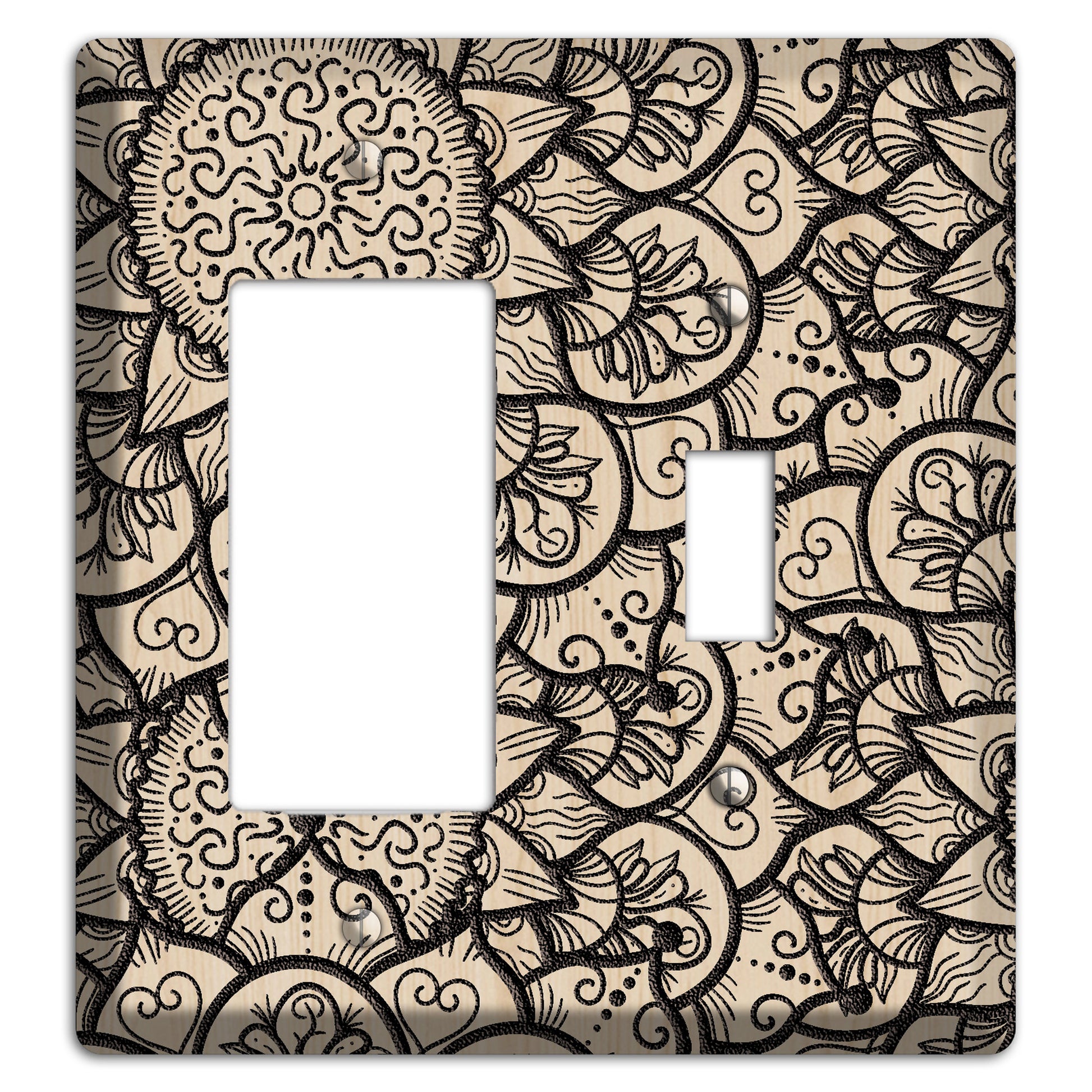 Mandala Black and White Style W Wood Lasered Rocker / Toggle Wallplate