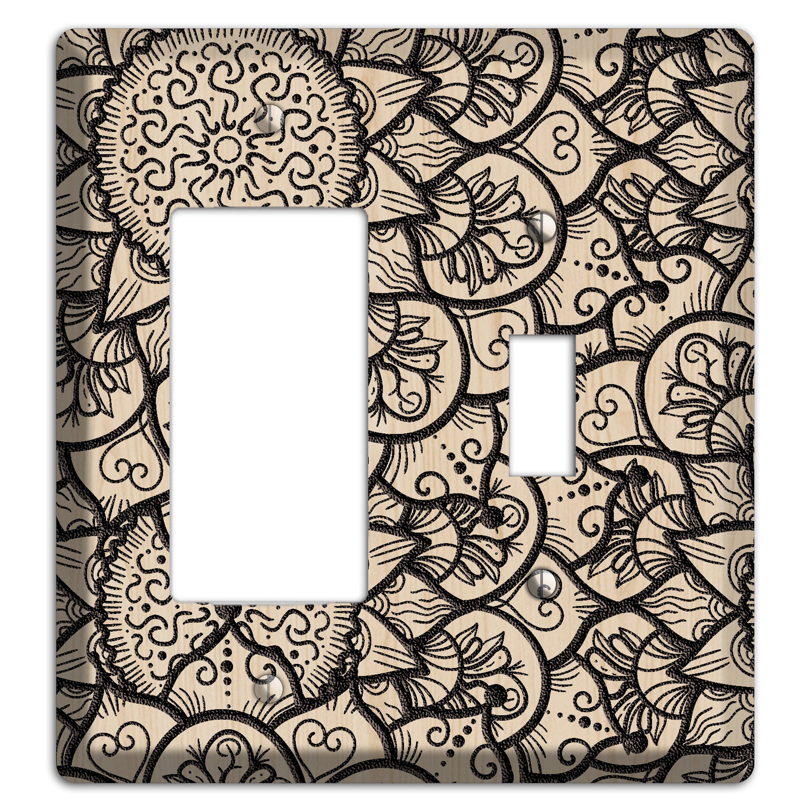 Mandala Black and White Style W Wood Lasered Rocker / Toggle Wallplate